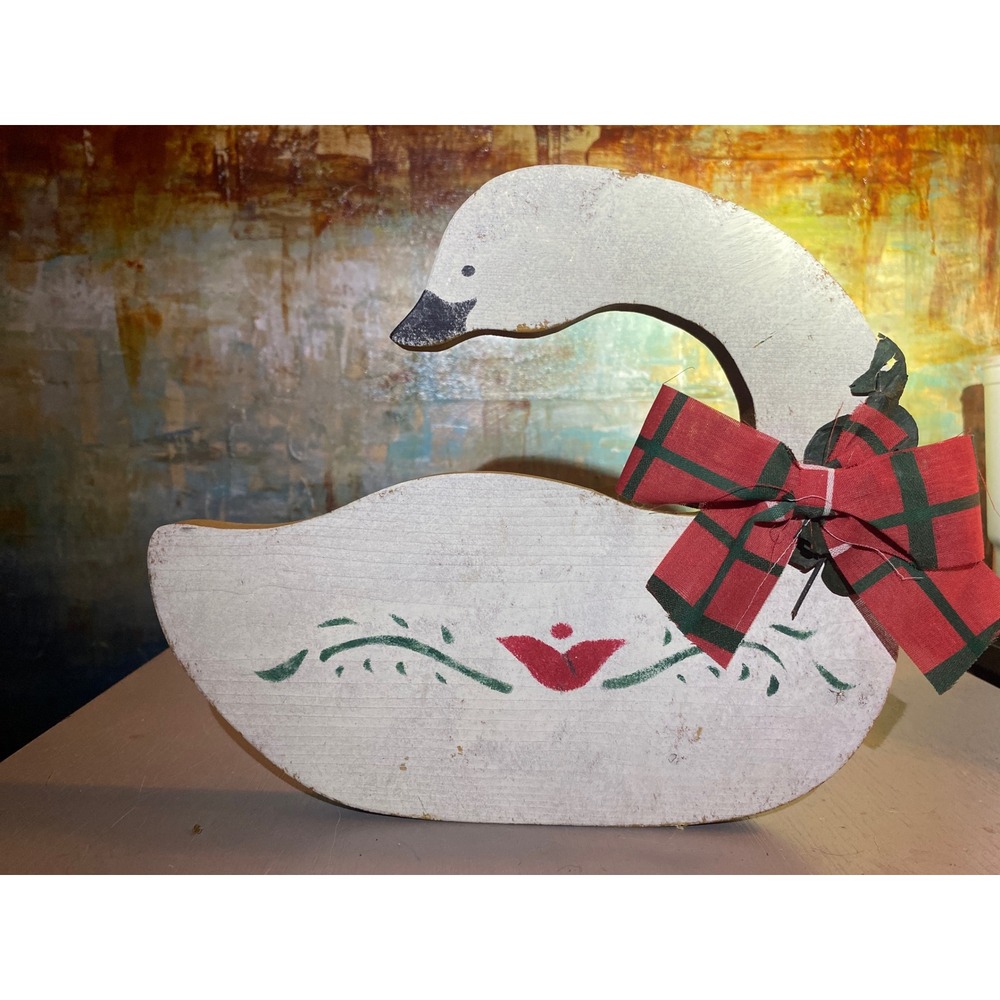 Vintage Hand Painted Wooden Goose Figurine Plaid Bow Rustic Farmhouse Decor Whit
